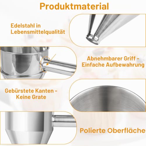 Foto von lalago Teigspender Teigportionierer,Pfannkuchen Teigspender Edelstahl,Trichter Kuchenspender Teig Portionier mit Ständer und 4X Trichtern,für Waffeln, Muffin-Mix Bäckerei （1200ml）