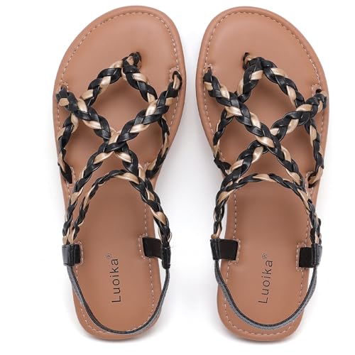Image of Luoika Women's Wide Width Flat Sandals, Flip Flop Casual Strapy Sandals Slip on Summer Beach Shoes for Women.