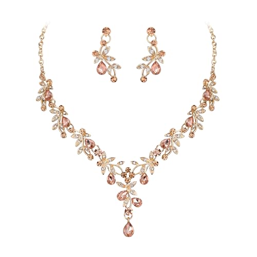 Juego de joyas de boda con collar en Y y pendientes de cristal champán