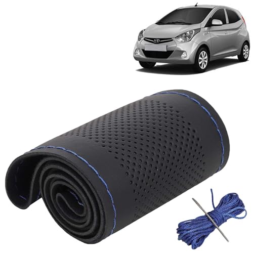 Image of KINGSWAY PU Leatherite Car Steering Cover Sewable Compatible with Hyundai Eon (Year 2011-2019), Black Color with Blue Thread, Pack of 1 with Sewing Needle and Thread