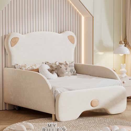 Twin Size Upholstered Stretchable Vaulted Sofa Bed with Bear Shaped Headboard for Kids Teens Boys & Girls, Flannel Wood Bed Frame, Sturdy Slat Support, Box Spring Not Required, Beige