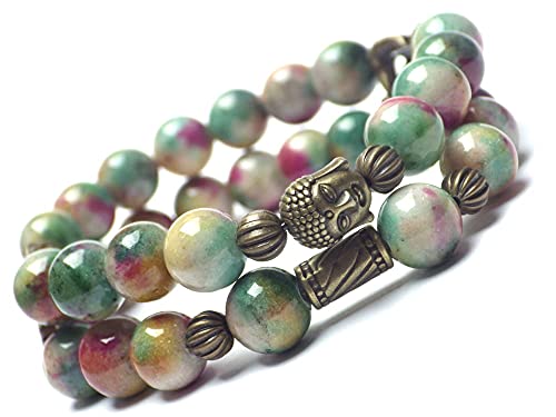 Doppelreihiges Armband mit gefärbten weißen Jadeperlen und Buddha Anhänger – Boho handgefertigter Schmuck (Grün)