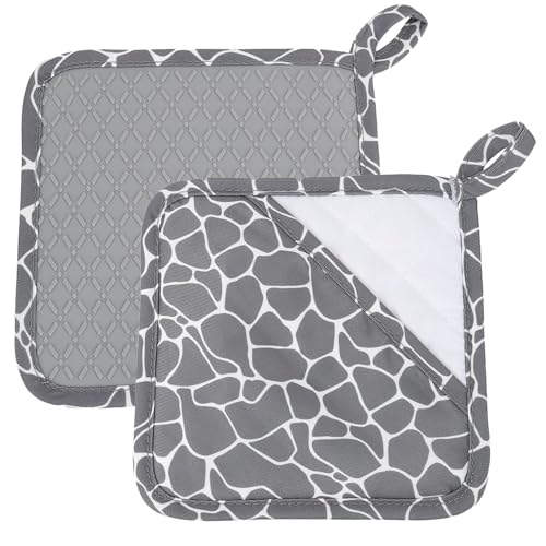 2 Pièces Maniques De Cuisine Avec Poche,Gants Cuisine Carrés En Coton,2 En 1 Manique Silicone Résistant Et Gant,Maniques Avec Poches De Préhension,Avec Boucle De...