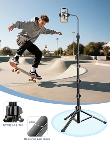 Image of Phone Tripod Stand, 85 inch Tall Cellphone Tripod for iPhone with Gooseneck Remote, Flexible Portable Phone Stand for Recording, Compatible with iPhone 14 13 12 Pro Android Camera