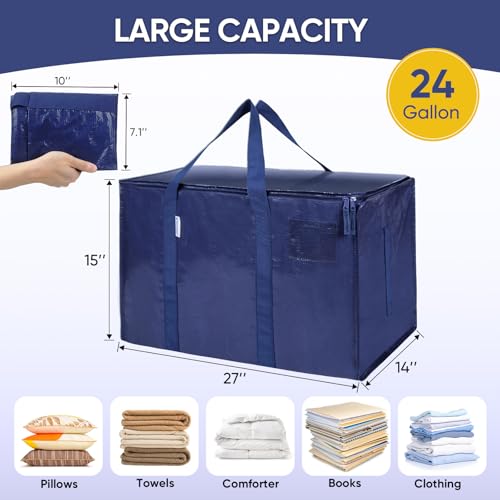 Image of TICONN 2 Pack Extra Large Moving Bags Heavy Duty with Zippers & Carrying Handles, Durable Storage Bags Moving Boxes for Closet Organizers and Storage (2 Pack, Navy)