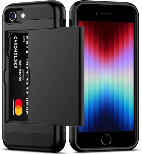 for Apple iPhone SE (2022) /SE (2020) / 8/7 Case with Credit Card Holder, Wallet Case Slide Cover Dual Layer Hard PC Rubber Cover Phone Case for iPhone 7 8 SE2 SE3 4.7' Black