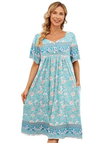 CRIPOM House Dresses for Women with Pockets House Dresses for Older Women Moomoo Dress for Womens Muumuu Dress Mumu Momo Nightgowns for Womens Hawaiian Caftans Light Green-Orange Flower L