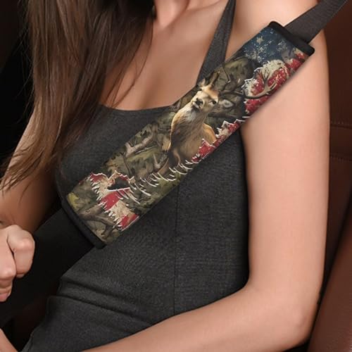 Image of AFPANQZ American Flag with Deer Car Safety Seat Belt Cover 2 Pack Truck Vans Sedans SUVs Seat Belt Pad Cushion Comfortable Shoulder Protectors Cover Cushion