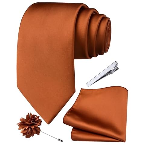 Branduce Rust Tie for Men Wedding Solid Satin Silk Blend Necktie Pocket Square Tie Clip and Lapel Pin Brooch Set (TA14-18) Cover