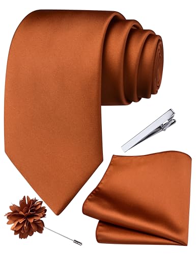 Branduce Rust Tie for Men Wedding Solid Satin Silk Blend Necktie Pocket Square Tie Clip and Lapel Pin Brooch Set (TA14-18)
