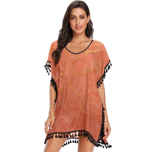 linqin Traje de baño de mármol dorado coral para mujer, vestido de playa para traje de baño, Coral Gold Flow Marble, Large