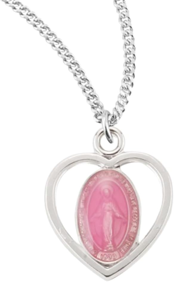 Sterling Silver Enameled Heart Shaped Miraculous Medal, Blessed Mother Mary, 18" Rhodium Plated Stainless Steel Chain Necklace, Made in USA, Deluxe Velvet Gift Box Included