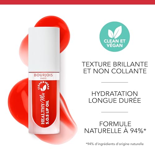 Bourjois Healthy Mix Huile à Lèvres 07 Glazing Red, Hydratante et Non Collante, 94% d'ingrédients d'orgine naturelle, Clean et Vegan, 4,5ml