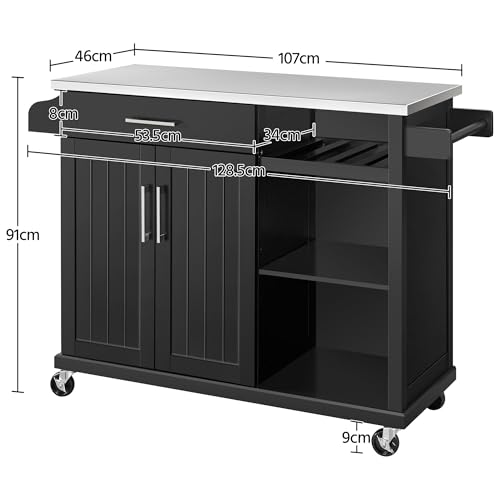 Yaheetech Mobile Kitchen Island on Wheels, Rolling Trolley with Stainless Steel Worktop, Storage Cart with Large Drawer & Wine Rack & Spice Rack, Sideboard Buffet with Towel Bar, Black - Image 3