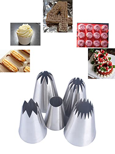 Piping Nozzles Large Icing Nozzle Tip,5 Pcs Pastry Nozzles with Big Star Nozzle Large Round Nozzle for Cake Cupcake Cookie Cream(1A,1C,1E,356,9FT)