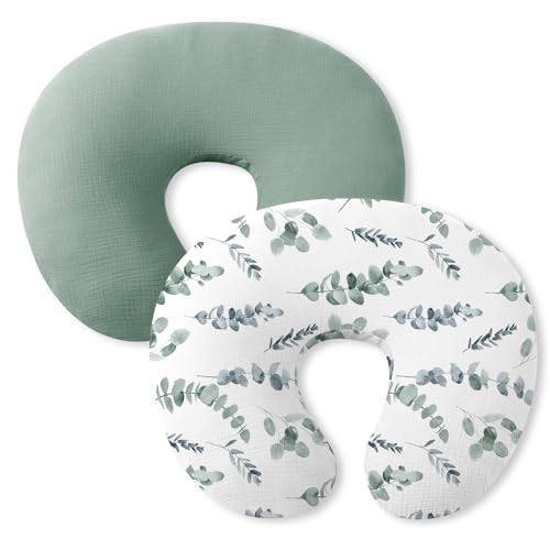 Image of Little Grape Land Nursing Pillow Covers 2 Pack for Baby, Soft 100% Cotton Covers for Breastfeeding Pillows, Breathable Muslin Green Leaves Nursing Pillow Cases Fit Standard Nursing Pillows