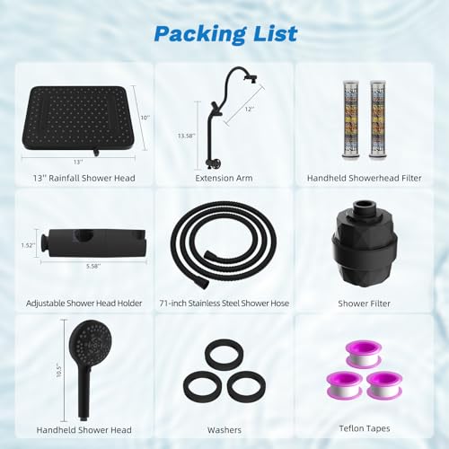 Hibbent 5-spray Dual Filtered Rainfall Shower Head Combo, High Pressure 13'' Showerhead with 10 Spray Mode Handheld, Easy Reach 4-way Diverter Shower Arm with Pause Mode, 71'' Hose and Holder, Black by Hibbent - Image 9