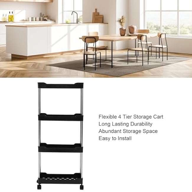 Slim Rolling Storage Cart, 4 Tier Storage Rack on Wheels, Mobile Shelving Unit Utility Cart Kitchen Storage Utility Cart, Rolling Storage Rack for Bedroom, Bathroom, Office (Black)-bFJj7pAQ