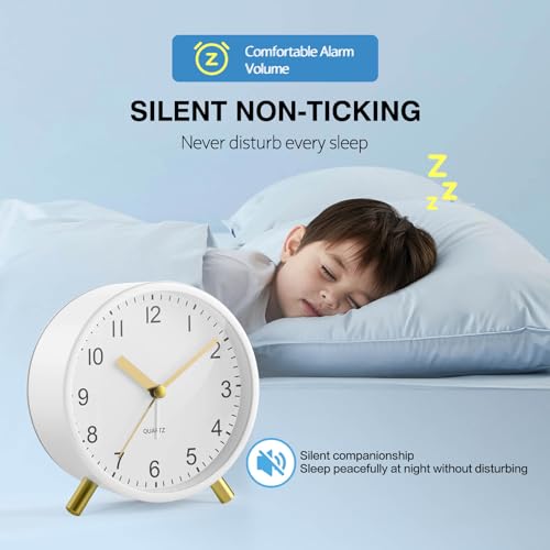 Silent Analog Quartz Kids Alarm Clock, Round Metal, Night Light - Image 2
