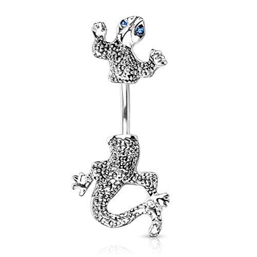 Piercing Nombril Nombril Piercing Cameleon Lezard Salamandre sur ventre strass bleu inversé à l'unité