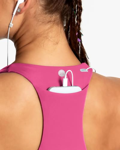 Image of QUEENIEKE BareFlow Women's Sports Bras with Phone Pocket Medium Impact Padded Racerback Workout Gym Crop Top Running Yoga Bra