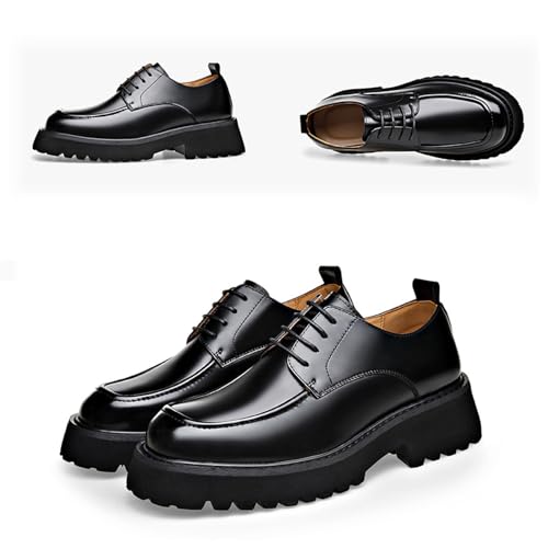 Men's Genuine Leather Platform Slip-On Oxfords Comfortable Round Toe Chunky Heightening Lace Up Loafers Non Slip Lug Sole Casual Business Work Formal Shoes2