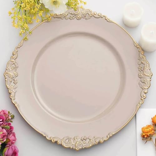 13" Charger Plates -Set of 12 - Acrylic Taupe Round Baroque Disposable Chargers Leaf Embossed Rim, Ideal for Dinner Party Wedding Bulk Events