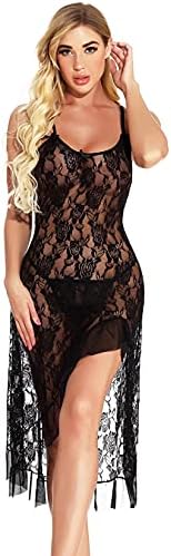 HiSexy Women's Sexy Boudoir Lingerie Set Long Adjustable Strappy Dress See-Through Lace Negligee Chemise Black L