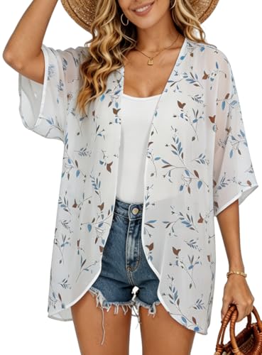 FINOCEANS Women's Swimwear Cover Ups Kimonos Summer Cardigan V Neck Half Sleeve Chiffon Loose Tops Medium White