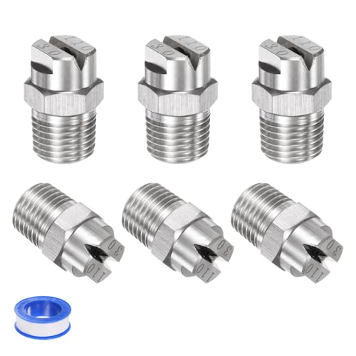 M METERXITY 6-Pack Flat Fan Spray Tip, 110 Degree 1/4BSPT Male Stainless Steel Pressure Washer Nozzles Cleaner Nozzle Replacement W Sealing Tape for Water Guns (3.6mm Orifice)