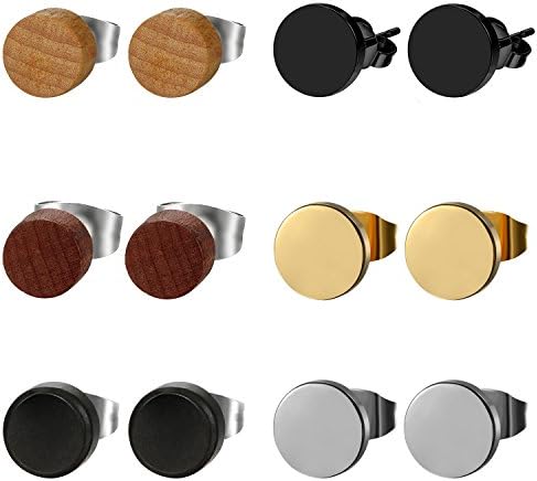 OIDEA 6 Pairs 8MM Stainless Steel Wood Stud Earrings Men, Pierced Post Wood Earrrings for Men Women