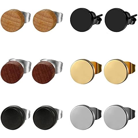 OIDEA 6 Pairs 8MM Stainless Steel Wood Stud Earrings Men, Pierced Post Wood Earrrings for Men Women Cover