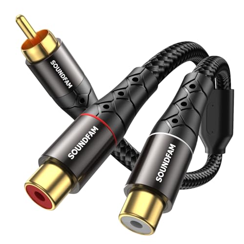 SOUNDFAM RCA-Y-Splitter Cinch Splitterkabel 1 Stecker auf 2 Buchsen, Vergoldet Phono-Splitter Stereo-Y-Adapter für Subwoofer, Fernseher, CD-Player, Heimkino – Schwarz (30 cm)