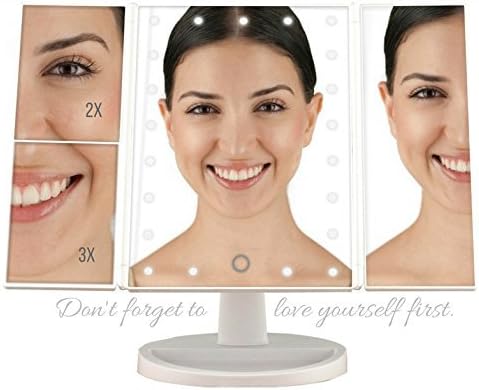 KAY-TEN Cosmetic Makeup Mirror with LED Lights - Empowering Lighted Vanity Mirror - 1x/2x/3x Magnification Panels, 21 LED lights with Powerful Affirmation, USB Charging and 180o Adjustable Stand
