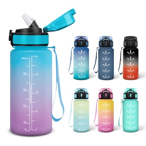 Motswedi Botella de Agua, 0.5L Libre de BPA, Botellas de Agua para Niños, Adecuado para Carbonatados, Botella, A Prueba de Fugas, Botellas Gimnasio, Cantimplora para Escuela, Gimnasio - Azul&morado