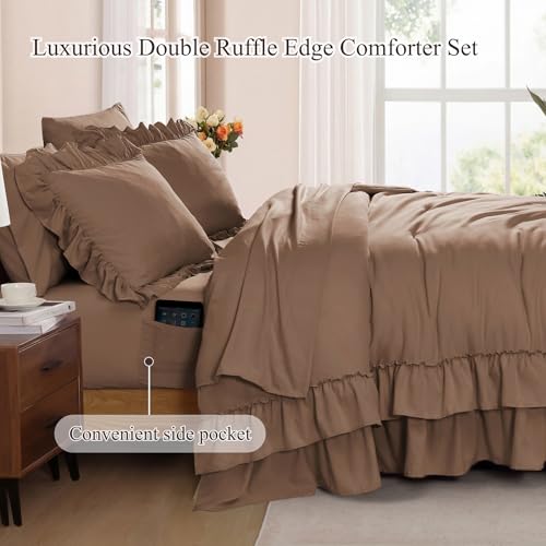 Image of Full Size Comforter Set Amber Brown Ruffle 7 Pieces Farmhouse Bed in a Bag | Shabby Chic Fluffy All Season Bedding Sets with Sheets, Pillowcases & Shams