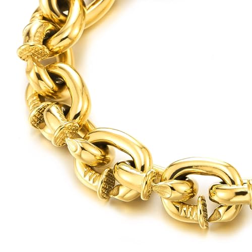 COOLSTEELANDBEYOND Mens Steel Gold Color Nail Rolo Link Chain Bracelet, Tribal Tattoo Pattern Spring Clasp, Polished by COOLSTEELANDBEYOND - Used condition - Image 3