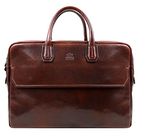 Time Resistance Leather Briefcase - Full Grain Leather Laptop Bag up to 17" for Men and Women (Brown)