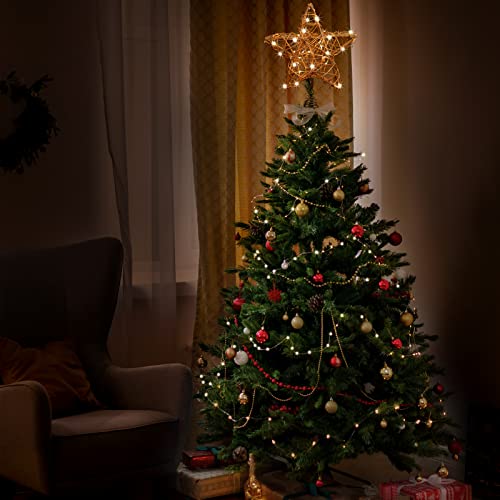 Yicyc Rattan Natural Christmas Star Tree Topper, Lighted Up Christmas Tree Topper With 8 Light Adjustment Modes 50 Led Usb Powered Remote String Lights For Xmas Treetop Decorations #TOP5