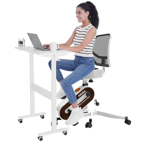 HitGo Home Office Fitness Bundle: Under Desk Exercise Bike Chair & Height Adjustable Mobile Standing Desk 330LBS Capacity 8-Level Resistance Pneumatic Sit Stand Desk with Wheels for Home Office