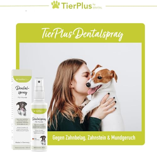 EXVital TierPlus Dentalspray für Hunde, gegen Zahnbelag, Zahnstein & Mundgeruch, natürliche Zahnreinigung & Zahnsteinentferner, 100 ml Sprühflasche, 100% natürlich & ohne Zusätze, Made in Germany