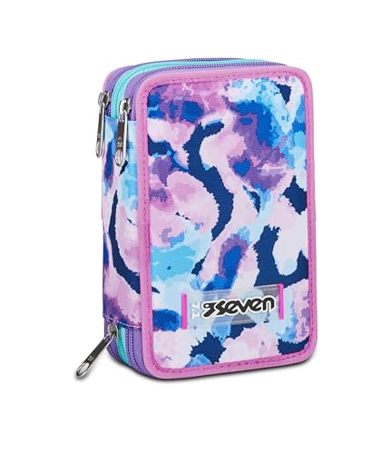 Seven Estuche Escolar con 3 Cremalleras, Fucsia, Morado y Verde Agua, Custom Cloud, portalápices Triple Compartimento Completo con bolígrafos, lápices, Colores, Accesorios Mochila, elementales,
