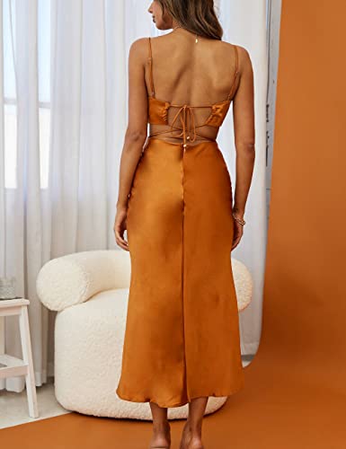 Image of Satin Slip Backless Midi Dress for Wedding Guest Silk V Neck Cut Out Tie Back Long Dresses for Women 2023 Bronze