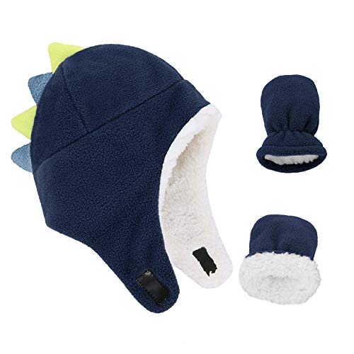 Zando Baby Boy Winter Hats Mittens Toddler Boys Sherpa Lined Fleece Hat Earflap Beanies Mitten Set Kids Caps Dinosaur Navy 6-12 Months #TOP17
