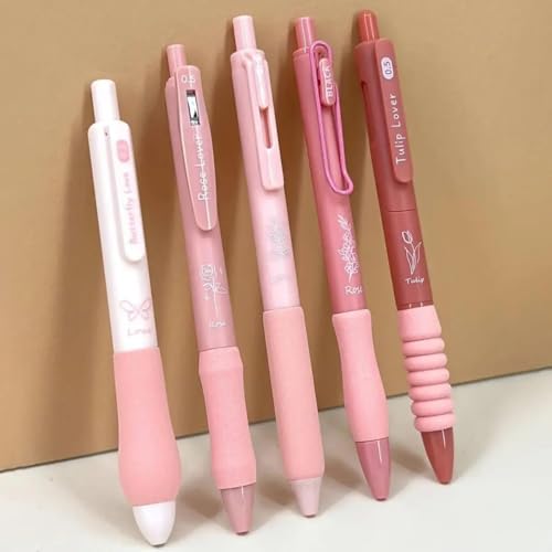 Image of SHUTTLE ART 5 Pcs Floral Gel Pen Set 5 Cute Blue Ink Retractable Pens (0.5mm) Soft Grip Stationery for School, Office, Journaling | Flower Design Pens Ergonomic Grip Gel Pen Smooth