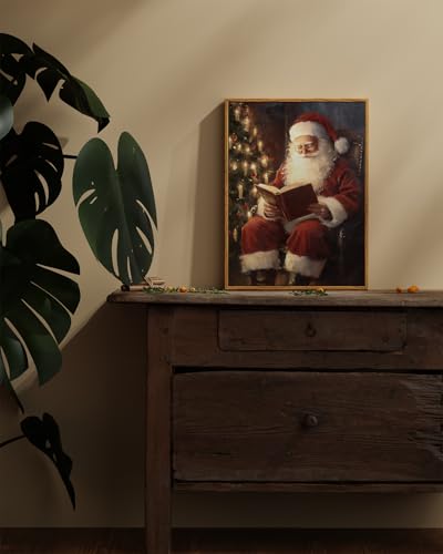Image of ARPEOTCY Framed Canvas Wall Art, Vintage Christmas Decor, Living Room Retro Santa Picture, Home Winter Decor for Bedroom Bathroom, Cottagecore Xmas Holiday Decorations Gifts, 12x16 Inch