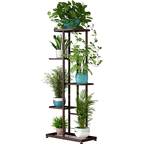 Image of LINZINAR Plant Stand Metal 5 Tier 6 Potted Multiple Flower Pot Holder Shelf Indoor Outdoor Planter Display Shelving Unit for Patio Garden Corner Balcony Living Room (5 Tier 6 Potted, Bronze)