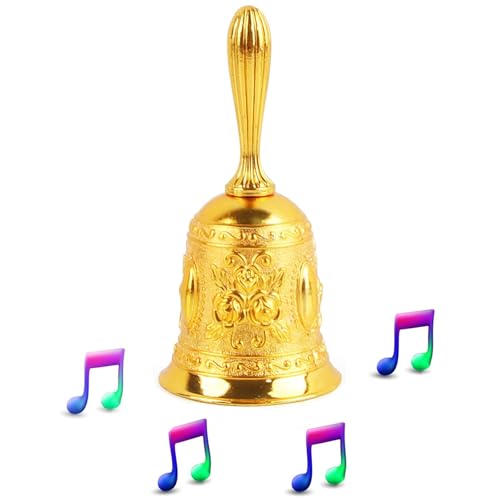 Campana Mano, Campana Mano Bronce, Campana Mano Metal, Campana Mano Escuela, Campana Llamada Servicio, para Servicio Hotel, Oración Meditación, Alimentación de Mascotas (Oro)