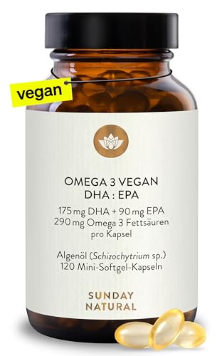 SUNDAY NATURAL® Omega 3 Vegan - 120 Softgel Kapseln - 1.000 mg Algenöl pro Tagesdosis: 350 mg DHA und 180 mg EPA (2 kapseln) - Leicht schluckbare Omega 3 Kapseln - Laborgeprüft