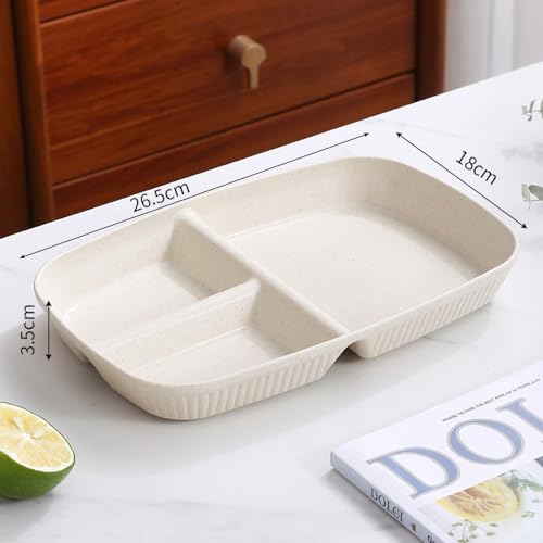 Image of Eco Friendly Wheat Straw Plates with 3 Compartments Food Separator Plastic Trays for Dinner, Cake, Fruits, Salad, Cupcake, Steak, Pasta Microwave Dishwasher Safe (Beige, Pack of 2)